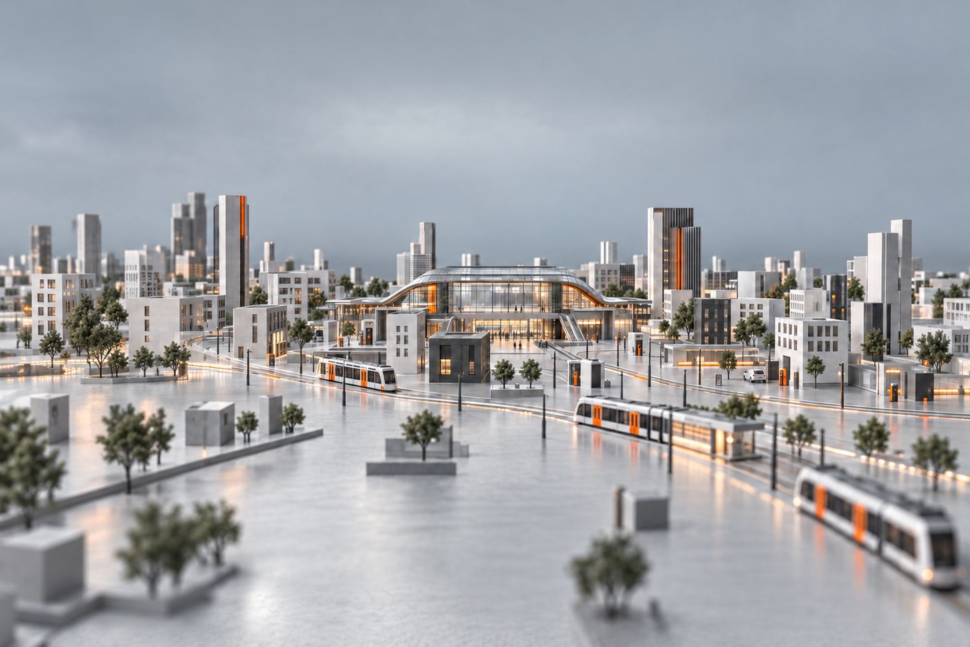 Model city at dusk: tram lines converging on a glass transit hub